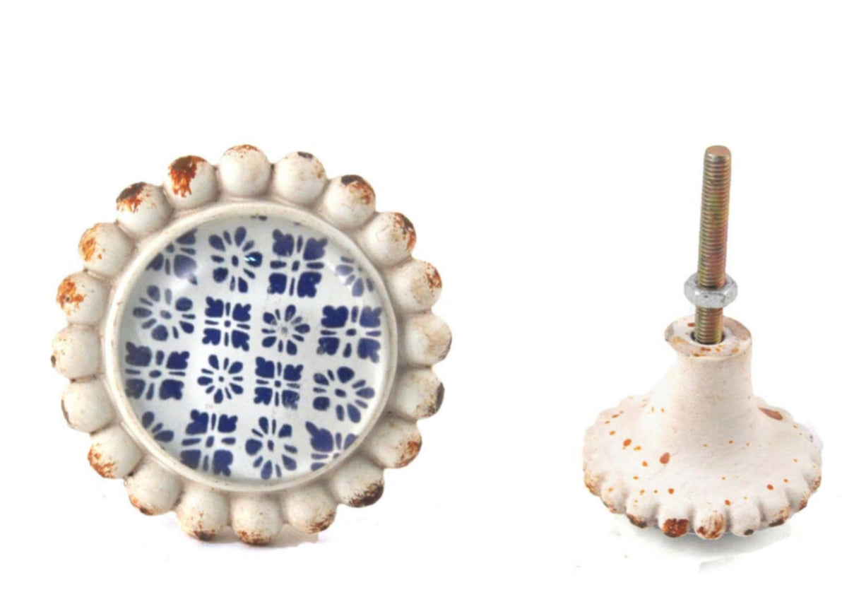 White Knob w/ Blue Flowers