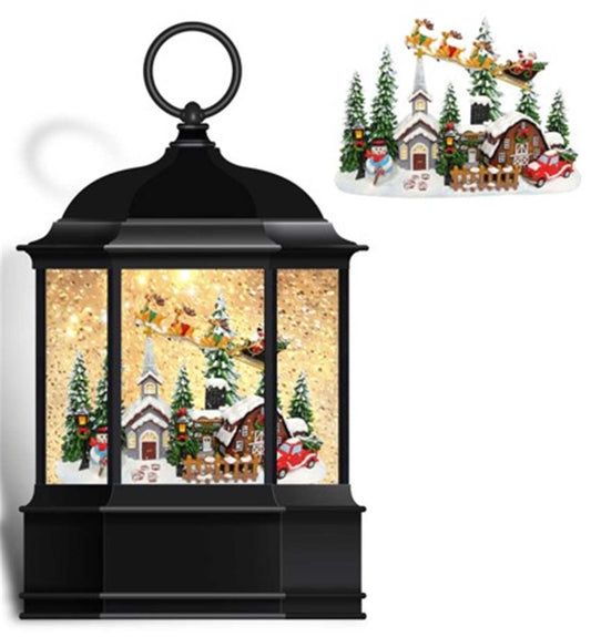 LED Lantern w/ Santa Flying Over Town