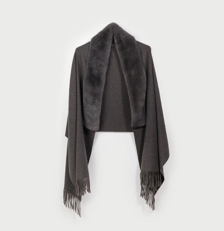 Shawl w/ Faux Fur Collar & Fringe