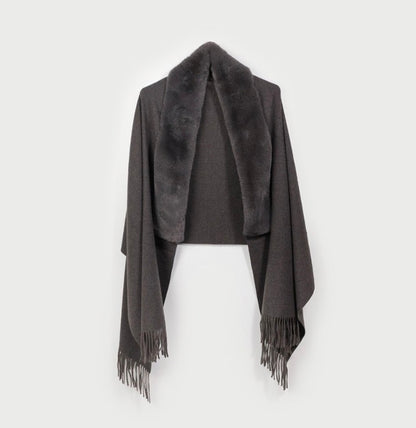Shawl w/ Faux Fur Collar & Fringe
