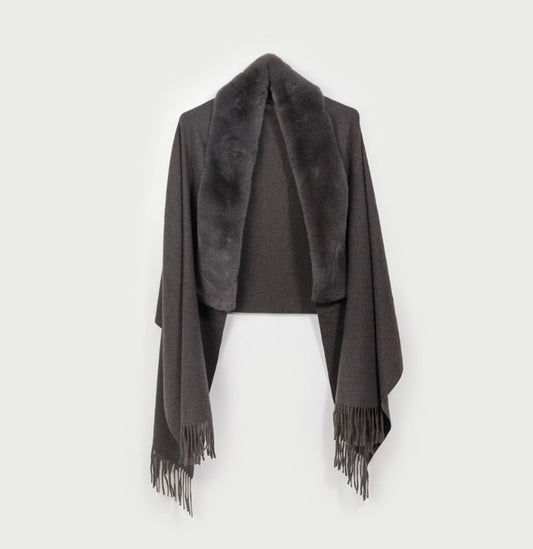 Shawl w/ Faux Fur Collar & Fringe