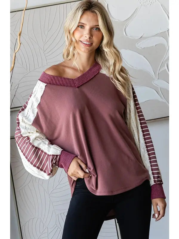 Lace Multi-Fabric V Neck Top