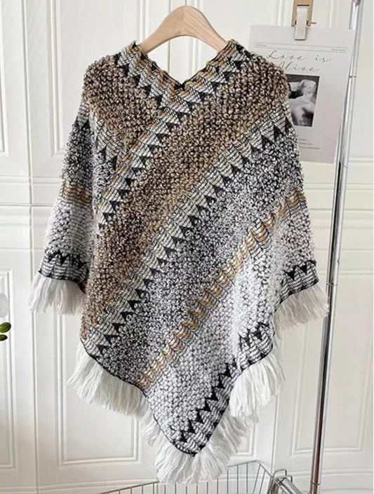 Boho Aztec Poncho w/ Fringe