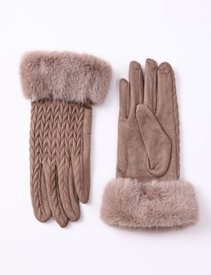 Faux Fur Cuffed Cable Knit Textured Gloves