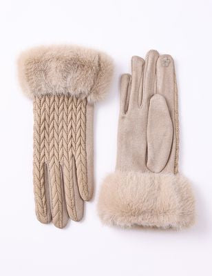 Faux Fur Cuffed Cable Knit Textured Gloves