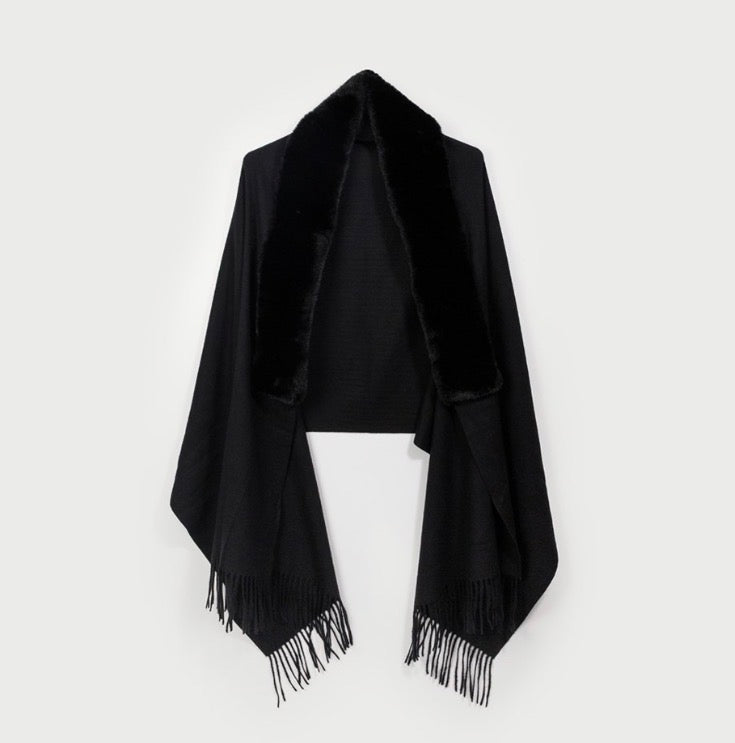 Shawl w/ Faux Fur Collar & Fringe