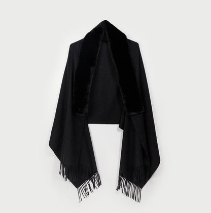 Shawl w/ Faux Fur Collar & Fringe