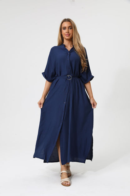 Button-Front Maxi Shirt Dress