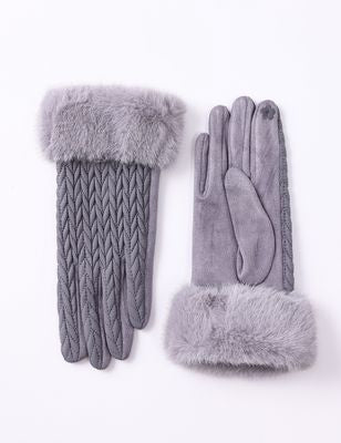 Faux Fur Cuffed Cable Knit Textured Gloves