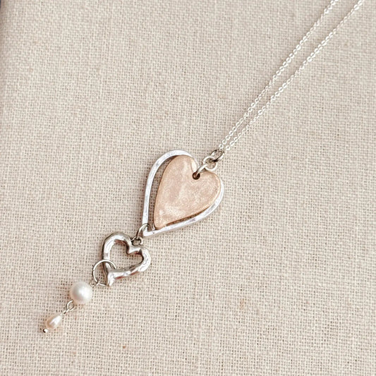 Two Tone Freshwater Pearl Love Hearts Necklace