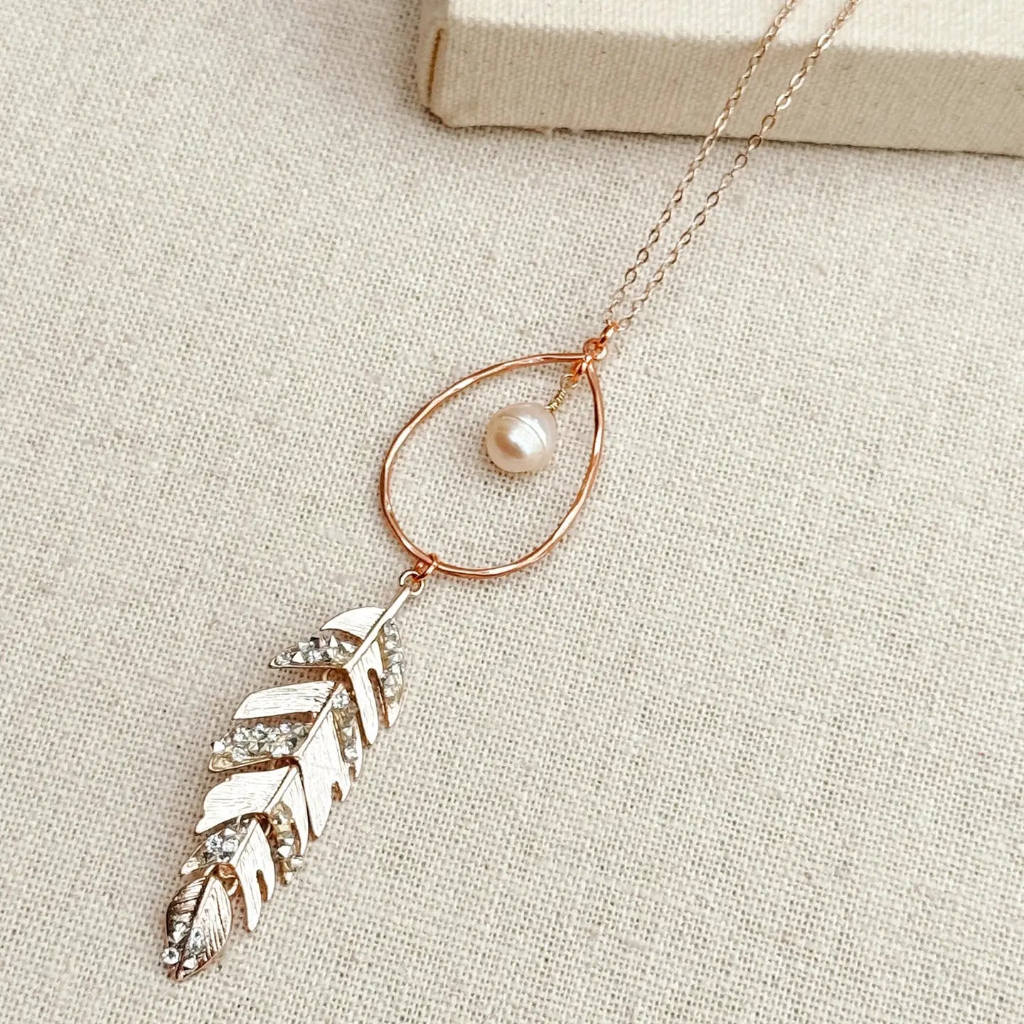 Feather Pendant Necklace w/ Rhinestones & Pearl