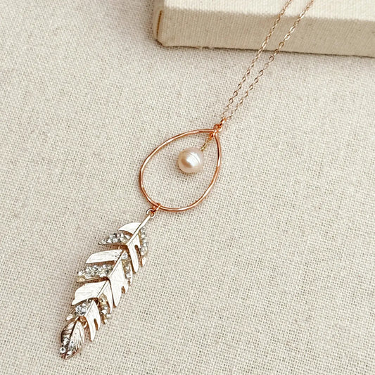 Feather Pendant Necklace w/ Rhinestones & Pearl
