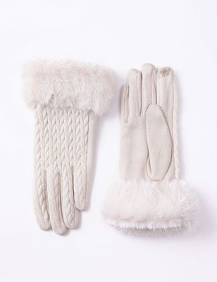 Faux Fur Cuffed Cable Knit Textured Gloves