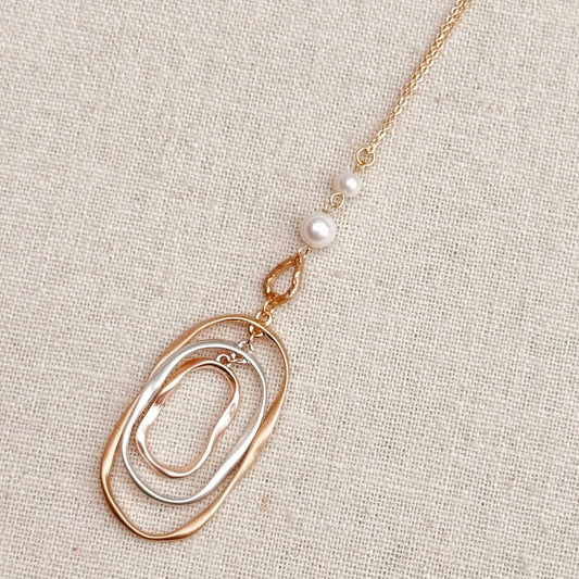 Mixed Metal Oval Link Pearl Necklace