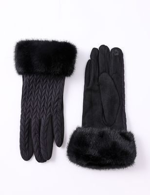 Faux Fur Cuffed Cable Knit Textured Gloves