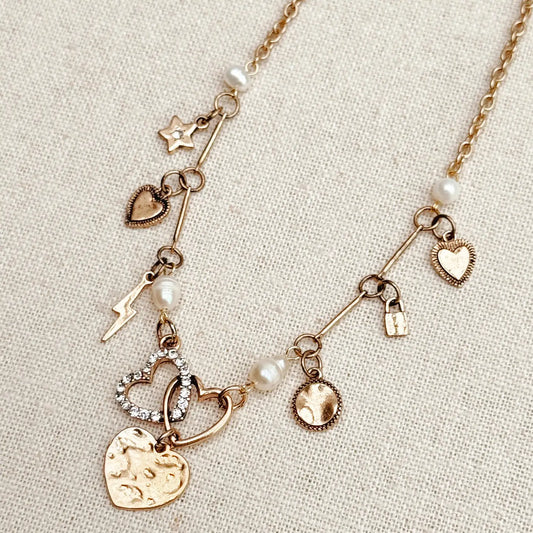Heart, Star and Pearl Celestial Charm Necklace
