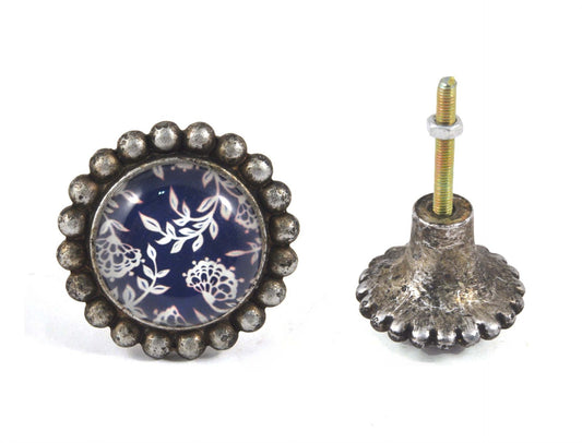 White Floral Pewter Knob